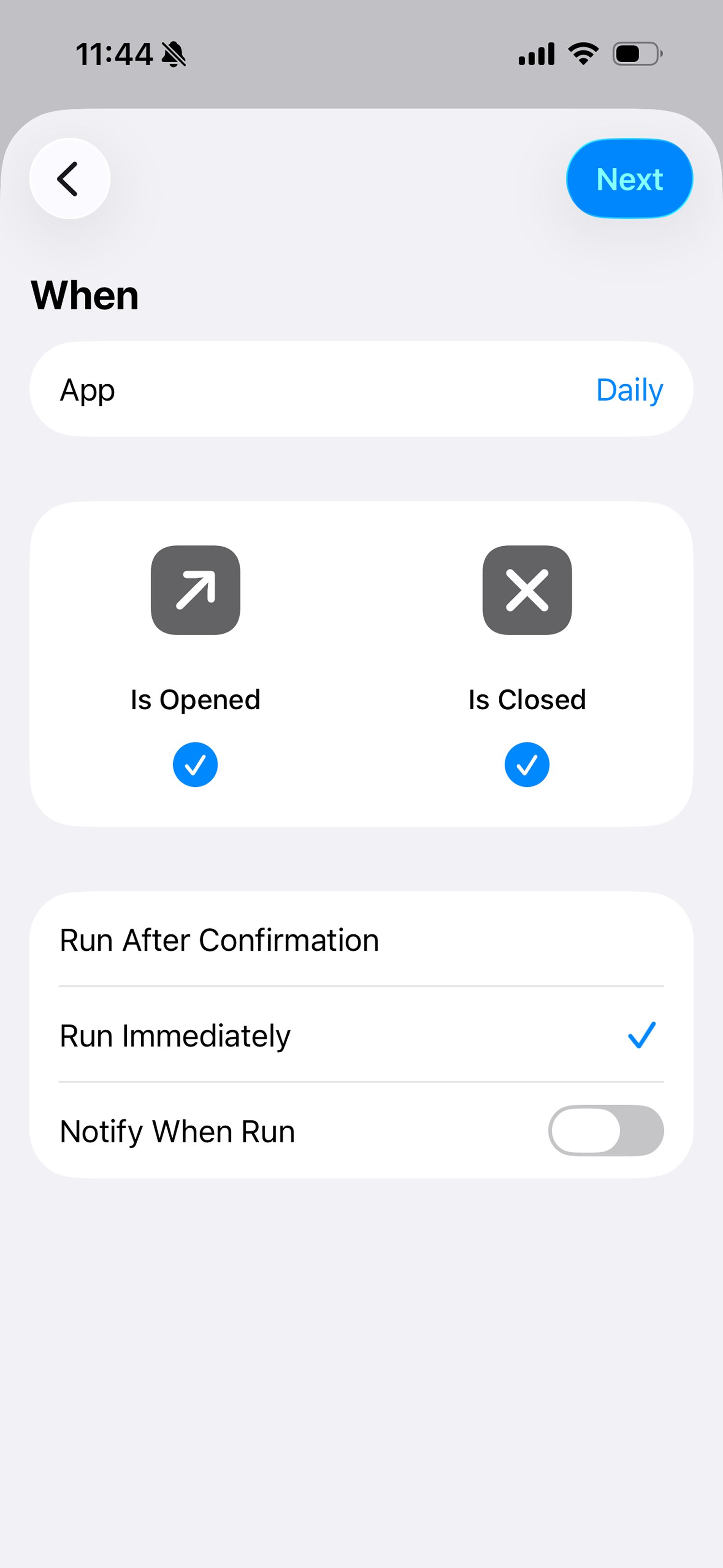 Select both triggers and Run Immediately, tap Next