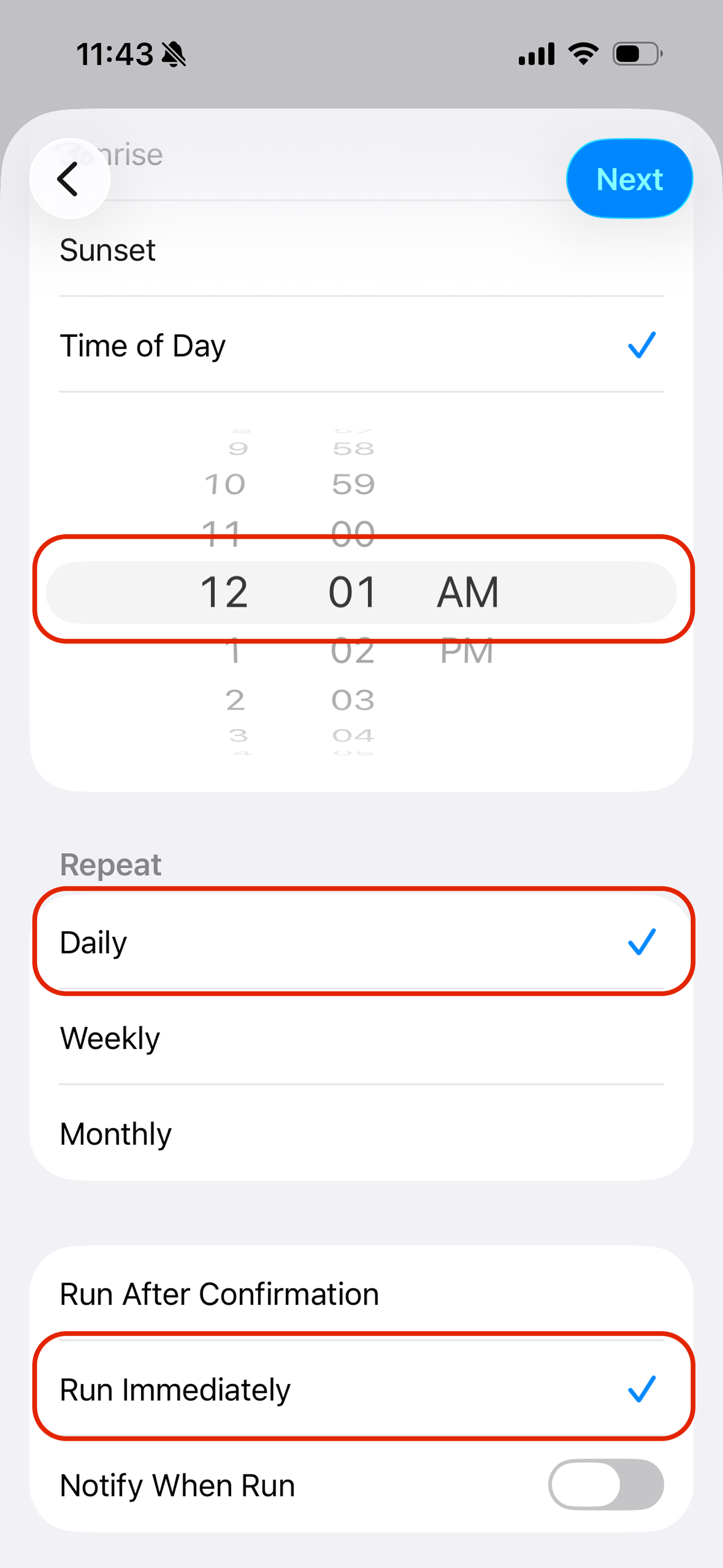 Set time, select Daily and Run Immediately